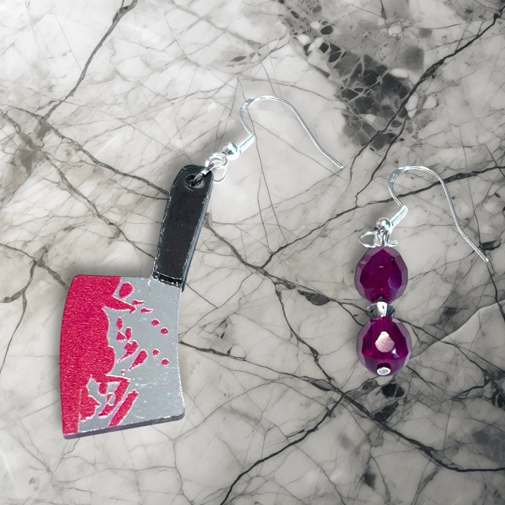 Handmade Halloween Earrings Bloody Cleaver Red Drop Beads Dangle Pierced - Picture 2 of 6